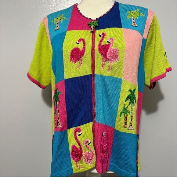 Jack B Quick Sweater Cardigan Fun Tropical Pink Flamingo Palm Tree size M - Picture 2 of 10